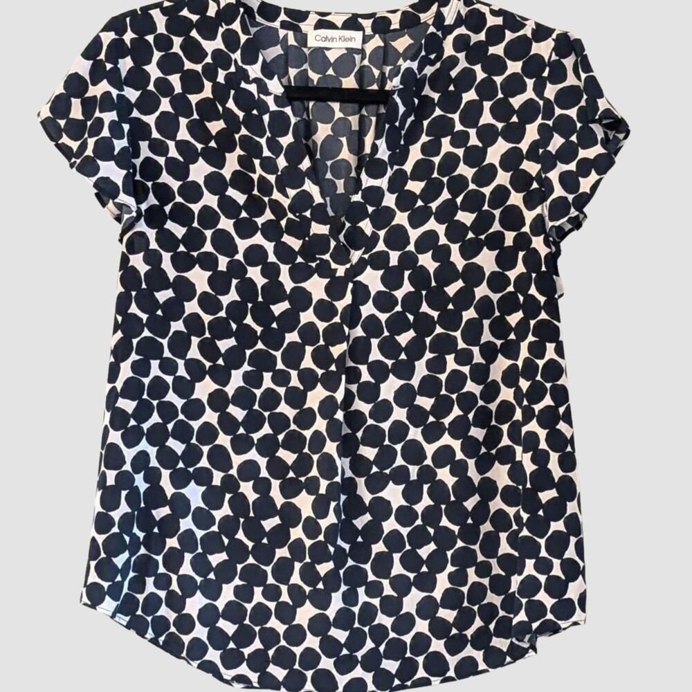 Calvin Klein Navy White Abstract Print Blouse M Split Neck Work Top